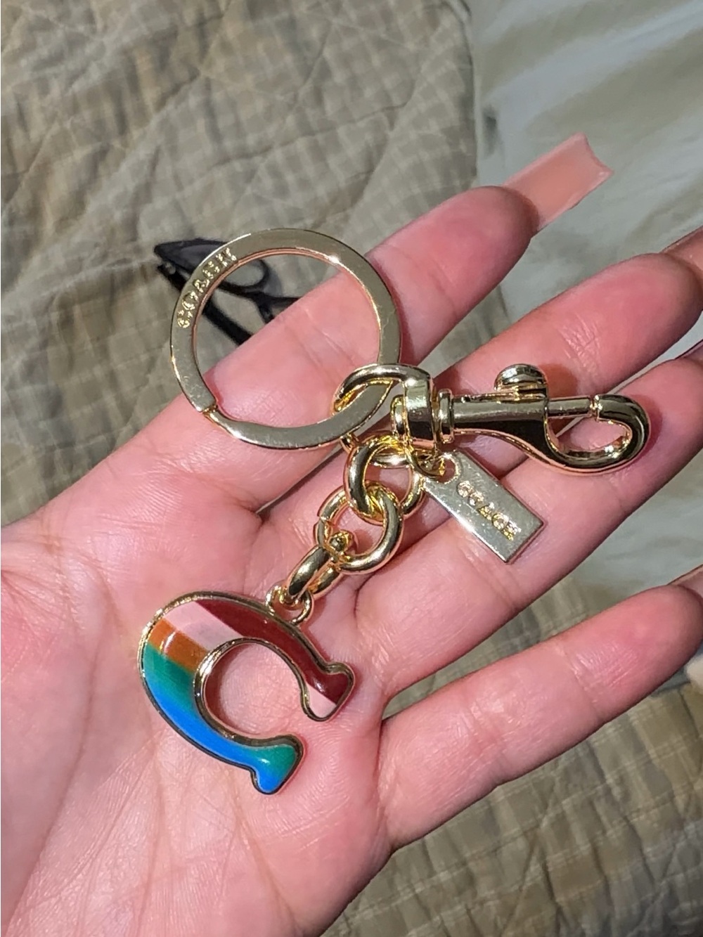 Coach Gold-Tone Rainbow 'C' Keyring with Pink, Orange, Green, Blue Accents
